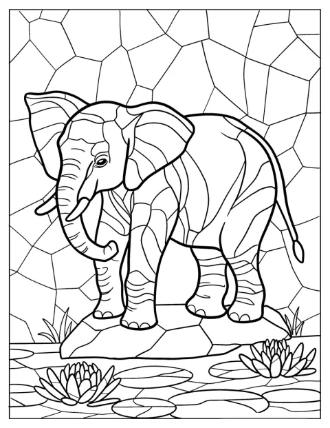 Un elefante bebé aparece dentro de un diseño con formas de vidriera.