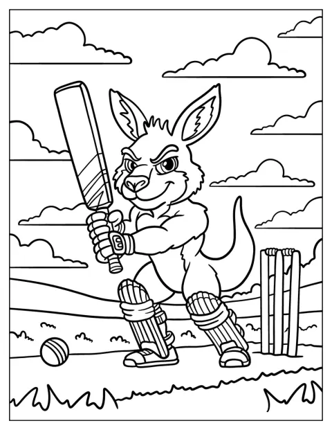 En kænguru spiller cricket med bat og benskinner på banen.