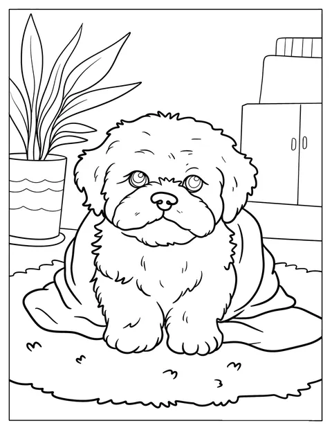 Chlupaté štěně Shih Tzu se zachumlalo do měkké deky.