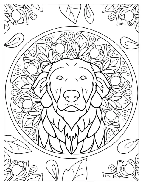 En golden retriever indgår i et detaljeret mandalamønster.