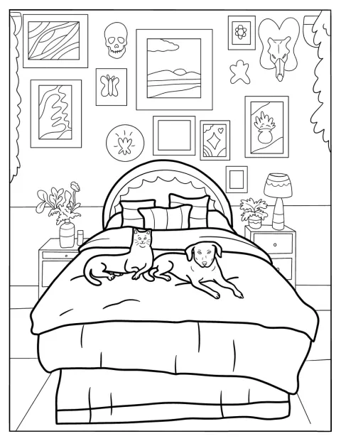 Un perro y un gato descansan juntos sobre una cama.