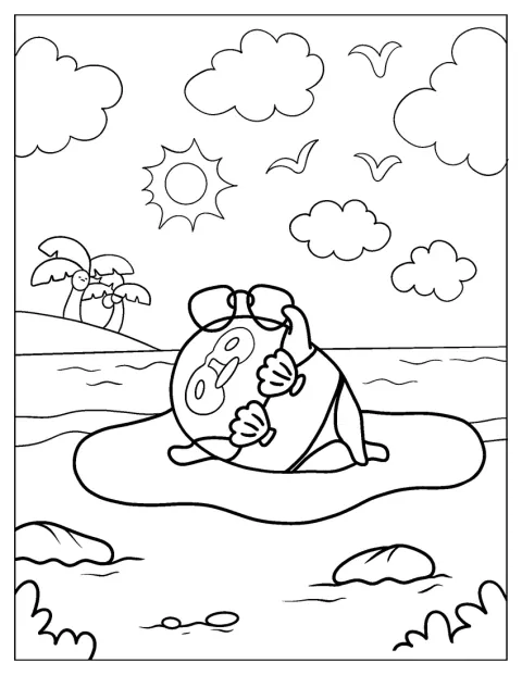 Gudetama solbader iført en bikini lavet af muslingeskaller.