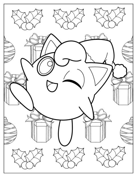 Jigglypuff knipoogt terwijl hij een kerstmuts draagt.