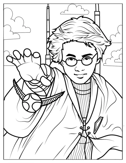 À bord de son balai, Harry Potter tente d’attraper le Vif d’or.
