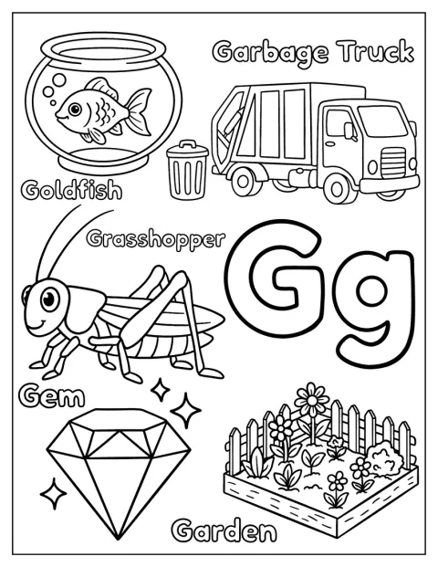 En trädgård, en ädelsten, en sopbil, en guldfisk och en gräshoppa visas med G.
