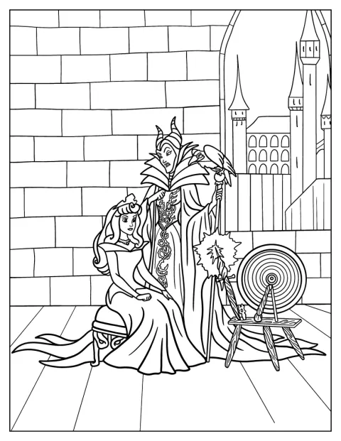Maléfique observe Aurore près d’un fuseau maudit.