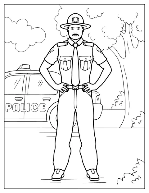 En delstatspoliti står klar i uniform.