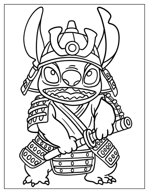 Stitch er klædt som samurai og poserer med sit sværd.