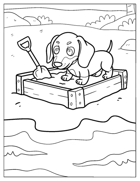 Tiny Dachshund Puppy Digging in a Sandbox Coloring Page For Kids