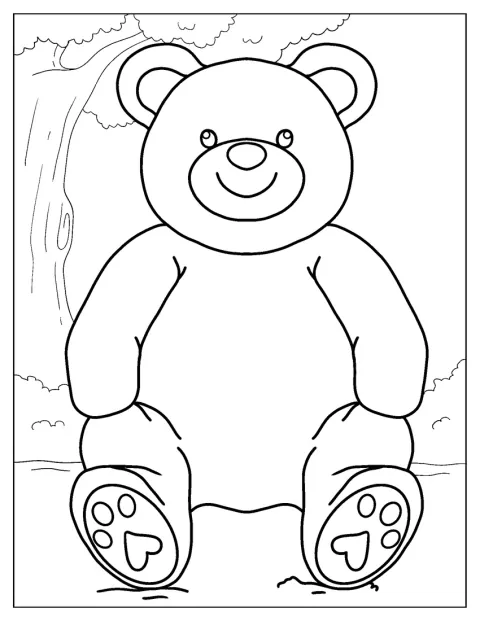 Un ours en peluche aux formes faciles se tient de face.