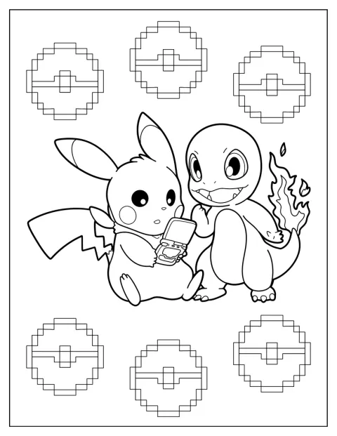 Charmander og Pikachu spiller videospill sammen.