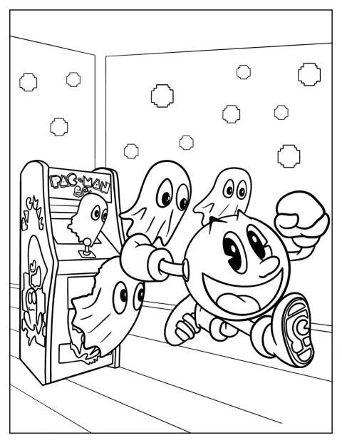Pac-Man en spoken springen samen uit een arcadekast.