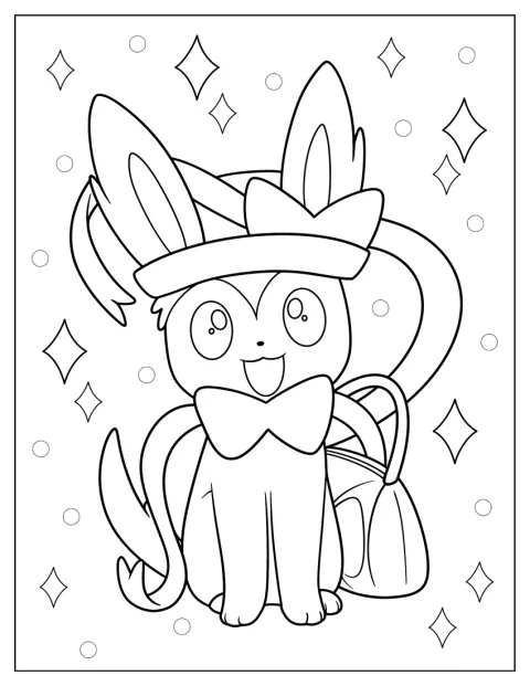 Uśmiechnięty Sylveon niesie torebkę.