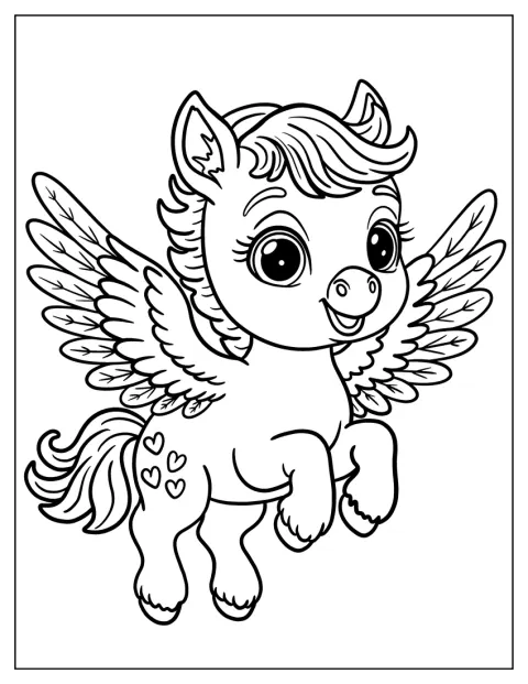 Ein Pegasus mit Herzflecken auf der Flanke fliegt verspielt durch die Luft.