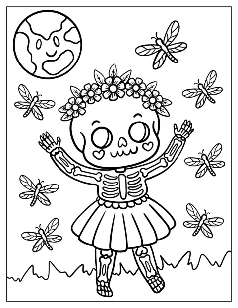 Une jeune squelette danse parmi les lucioles, coiffée d’une couronne de fleurs et vêtue d’un tutu.