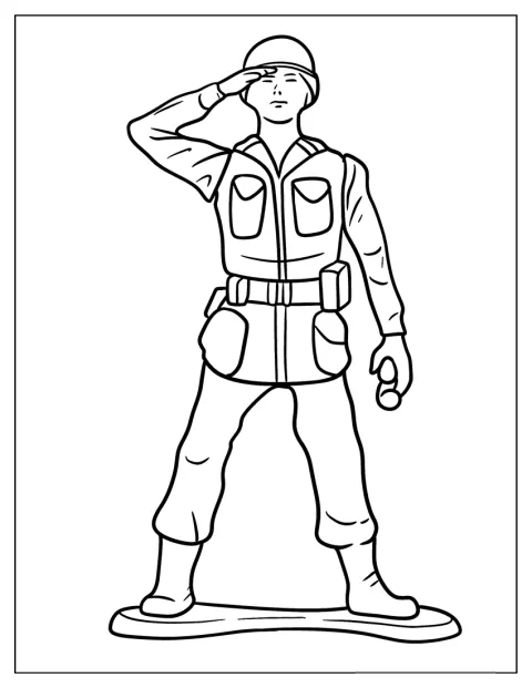 Plastová figurka vojáčka salutuje v uniformě.