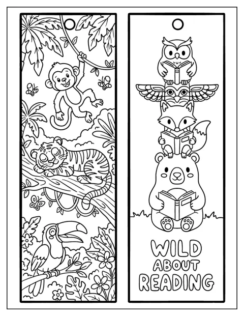 Jungle Animals and Wild About Reading Animal Stack Bookmark Coloring Page for Kids