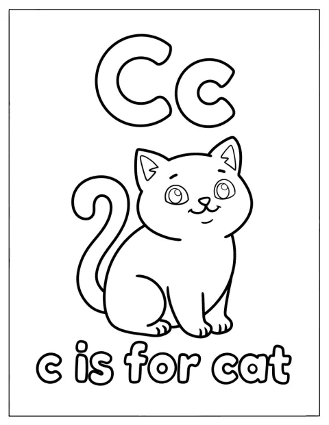 En katt står ved siden av bokstaven C på et bildekort.