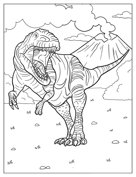 Un Gigantosaurus ruge frente a un volcán humeante.