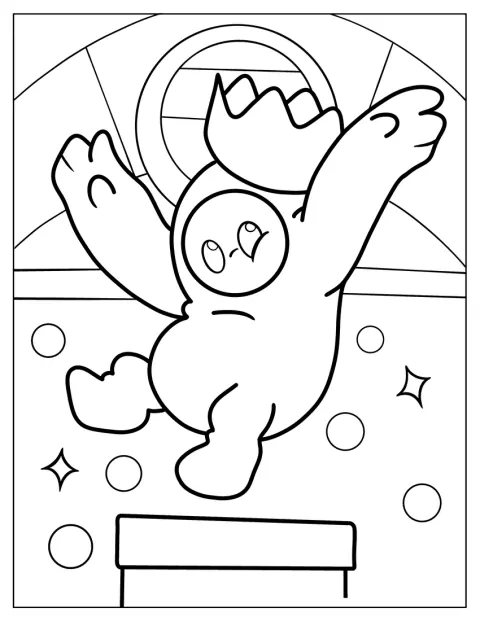 Vaaleanpunainen Fall Guys -papu seisoo kruunu päässään.