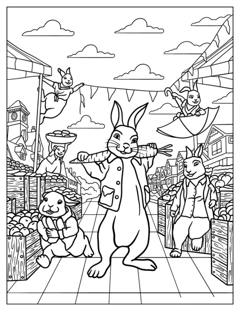 Peter Rabbit fa visita al mercato insieme ai suoi amici.