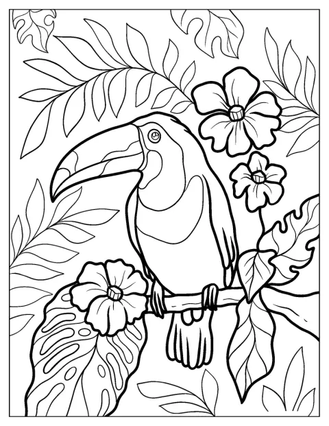 Un toucan réaliste est perché sur une branche entourée de fleurs.
