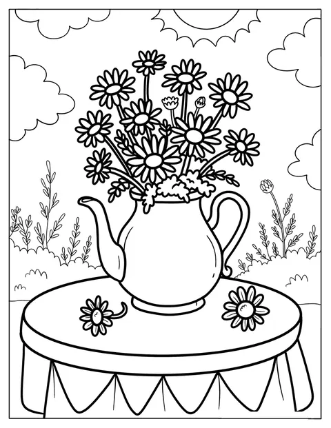 Margrieten staan in een theepot op een tafel in de tuin.