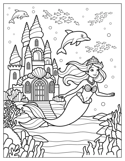 En prinsessehavfrue svømmer med en delfin ved et slot.