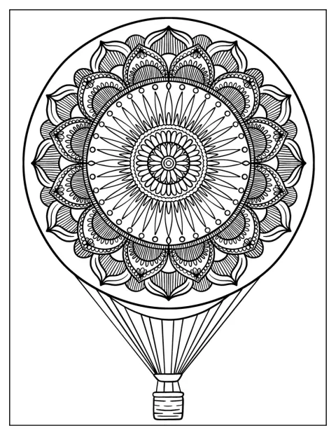 Un globo aerostático decorado con motivos de mandala flota en el cielo.