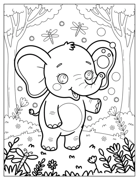 Un elefantito alegre juega entre burbujas en un bosque.