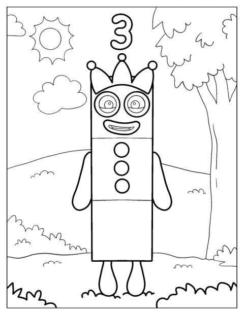 Numberblock 3 nosi koronę na głowie.