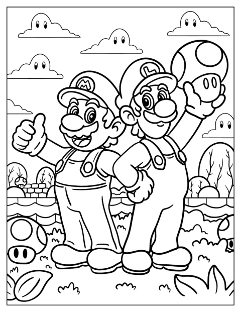 Luigi i Mario pozują z Super Grzybami.