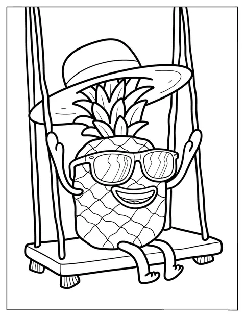 Eine Ananas mit Sonnenbrille und Hut schaukelt fröhlich.