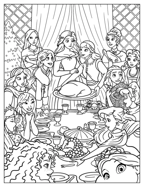 Disney Princesses Celebrating Thanksgiving Coloring In