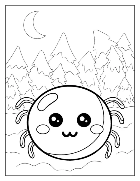 Une araignée kawaii affiche un visage souriant et de grands yeux.