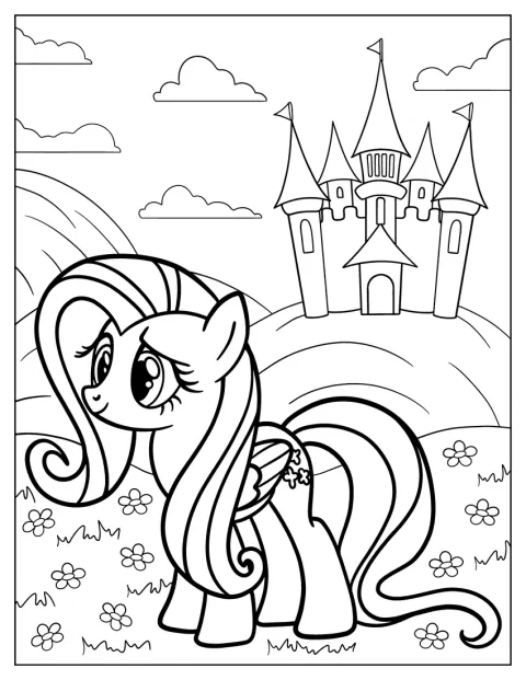 Fluttershy går langs stien utenfor et stort slott.
