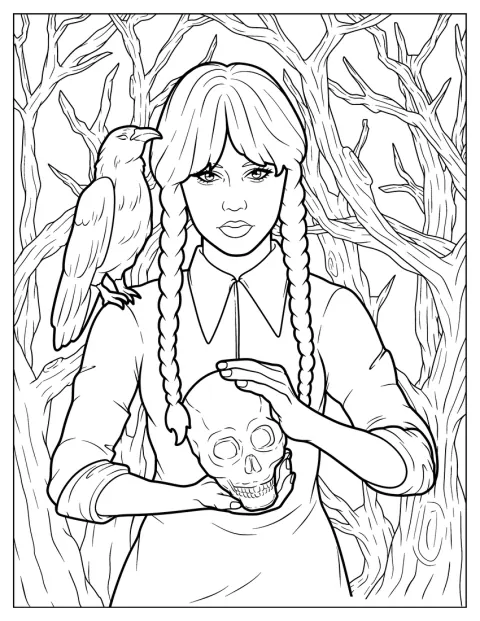 Wednesday Addams sostiene una calavera con un cuervo posado en el hombro.
