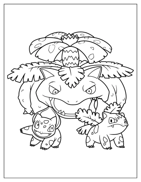 Bulbasaur, Ivysaur és Venusaur evolúciós sorrendben látható.