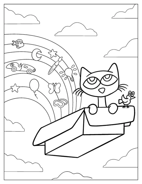Ein gelber Vogel sitzt neben Pete the Cat.