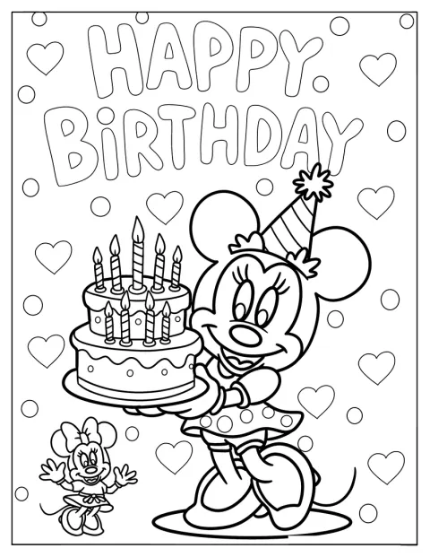 Minnie Mouse fejrer fødselsdag med en festlig kage.