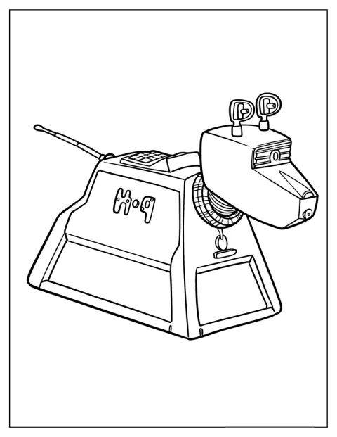 El simpático perro robot K9 aparece con su cuerpo rectangular y sus ruedas.