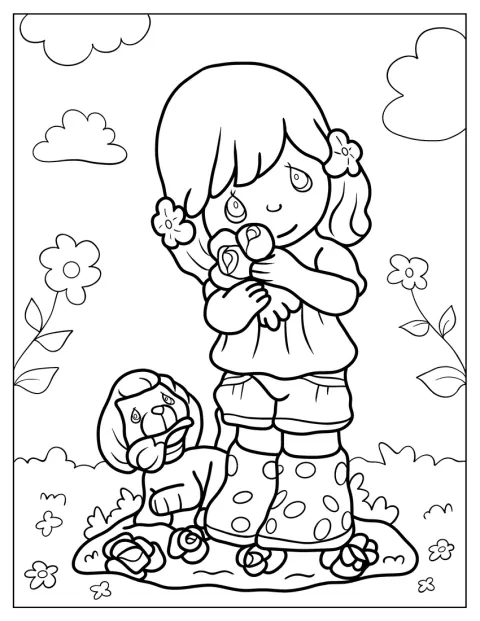 Uma menina segura um ramo de flores junto ao peito.