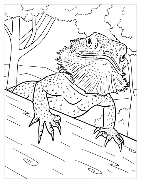 フトアゴヒゲトカゲの顔を近くから捉え、細かな模様まで描いています。