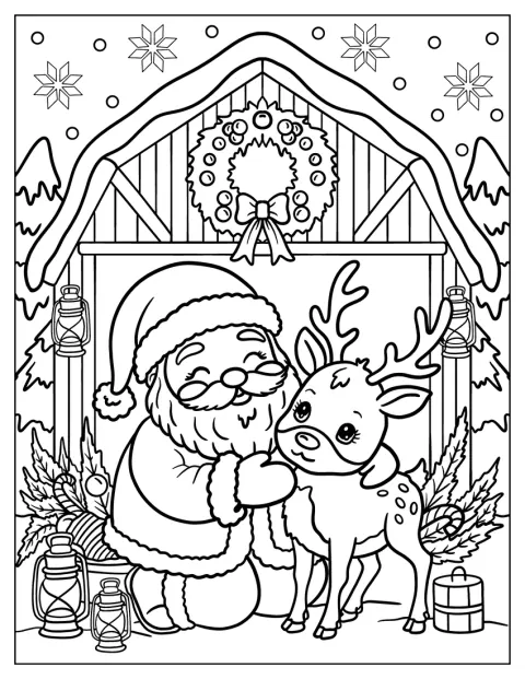 Před vánoční stodolou objímá Santa Claus svého soba.