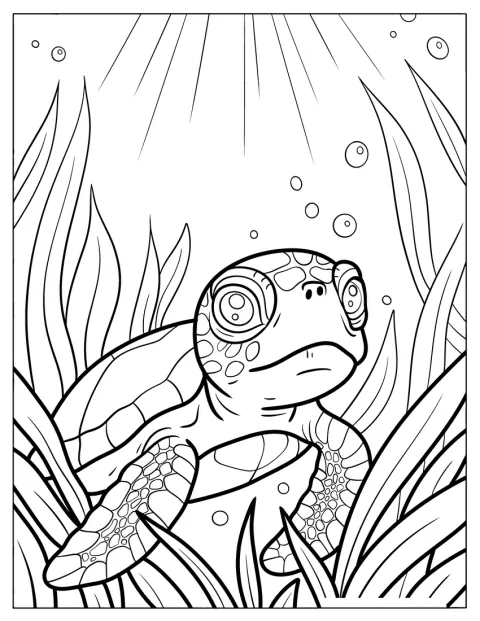 Een jonge schildpad zwemt tussen het zeewier in zee.