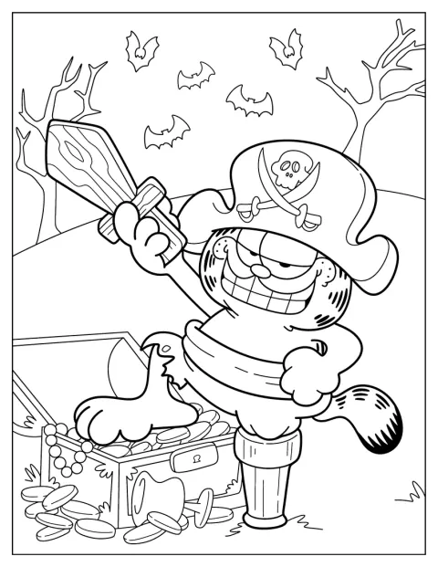Garfield está vestido de pirata, com uma espada e uma perna de pau.