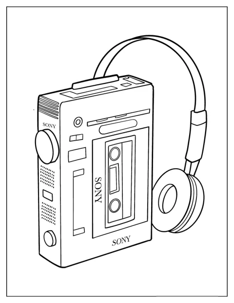 Un Sony Walkman d’epoca è raffigurato con le sue cuffie.
