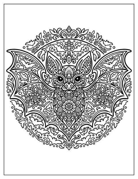 Részletgazdag mandala díszíti a denevért virágmintákkal.