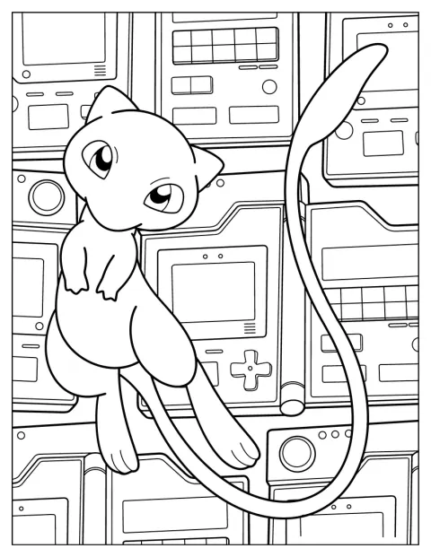 Mew egy Game Boy konzol előtt áll.
