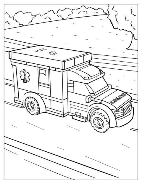 Una ambulancia de Lego corre por la carretera.